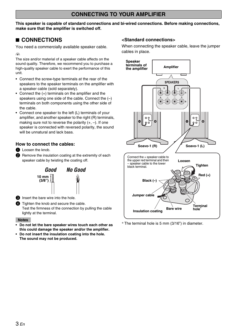 Connecting to your amplifier, Connections, Good no good | Yamaha Soavo-1 User Manual | Page 4 / 36
