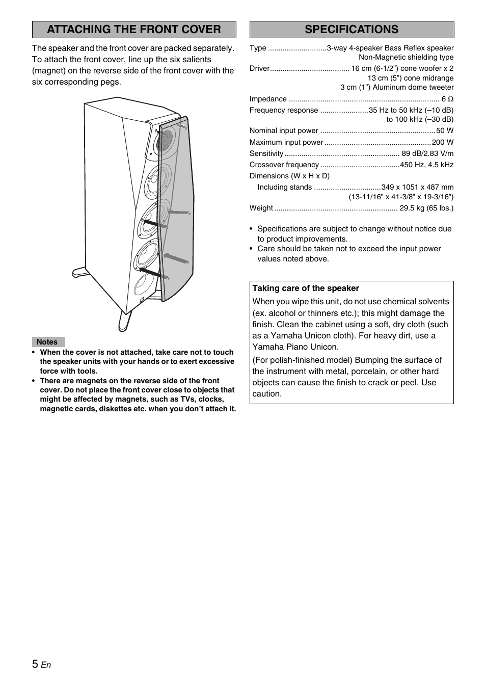 Attaching the front cover, Specifications | Yamaha Soavo-1 User Manual | Page 6 / 36