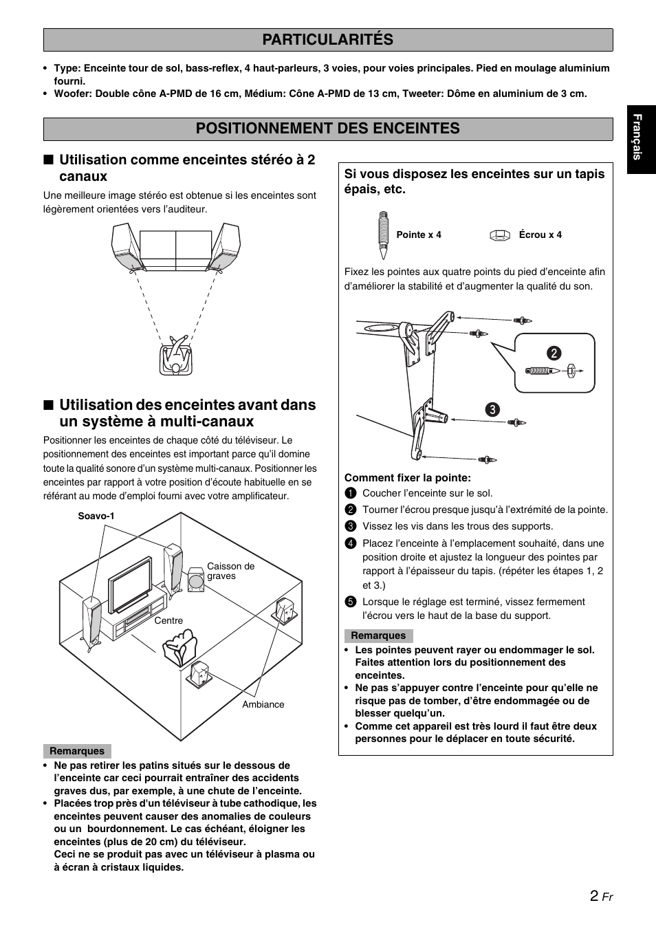 Particularités, Positionnement des enceintes, Utilisation comme enceintes stéréo à 2 canaux | Particularités positionnement des enceintes | Yamaha Soavo-1 User Manual | Page 9 / 36