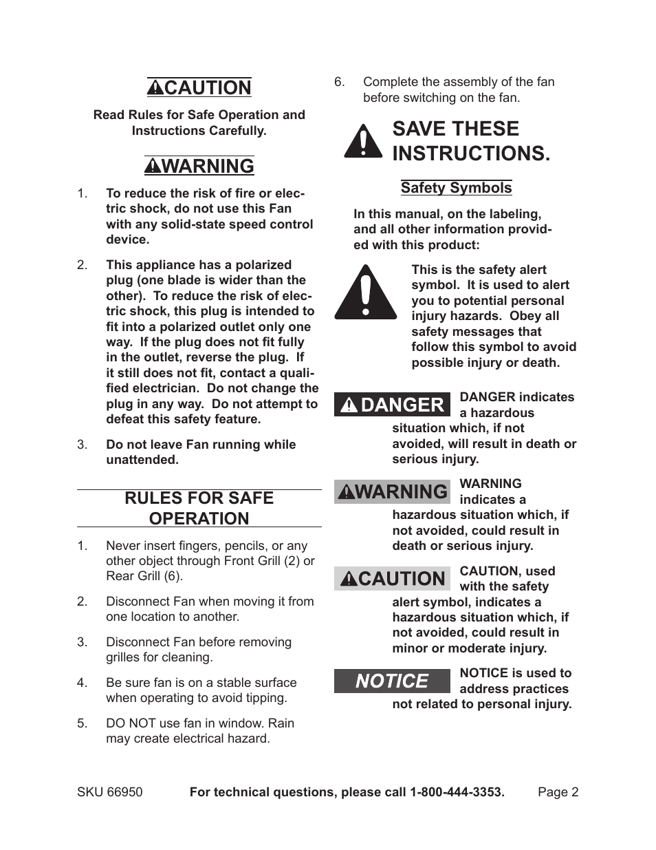 Save these instructions, Caution, Warning | Rules for safe operation | Harbor Freight Tools 66950 User Manual | Page 2 / 6