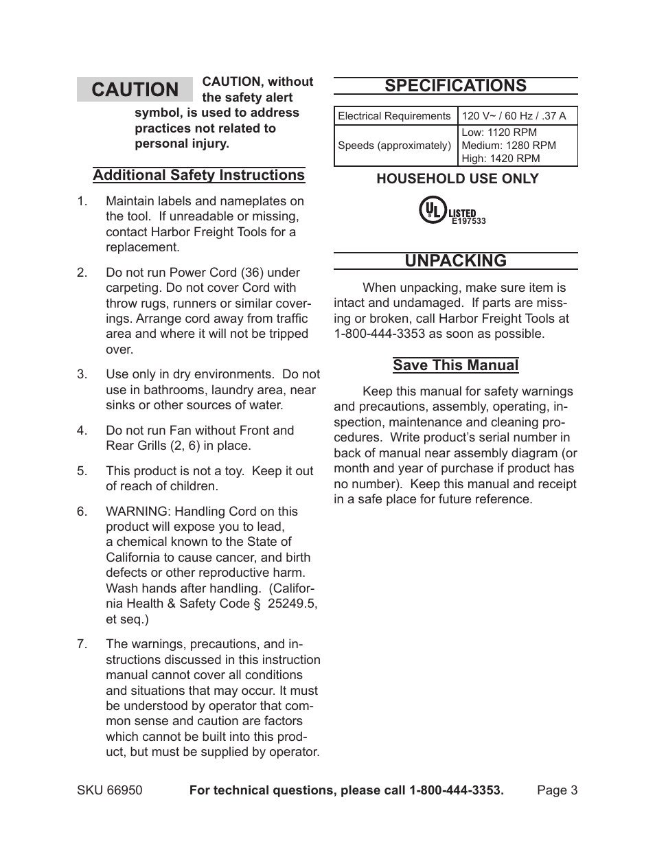 Specifications, Unpacking | Harbor Freight Tools 66950 User Manual | Page 3 / 6