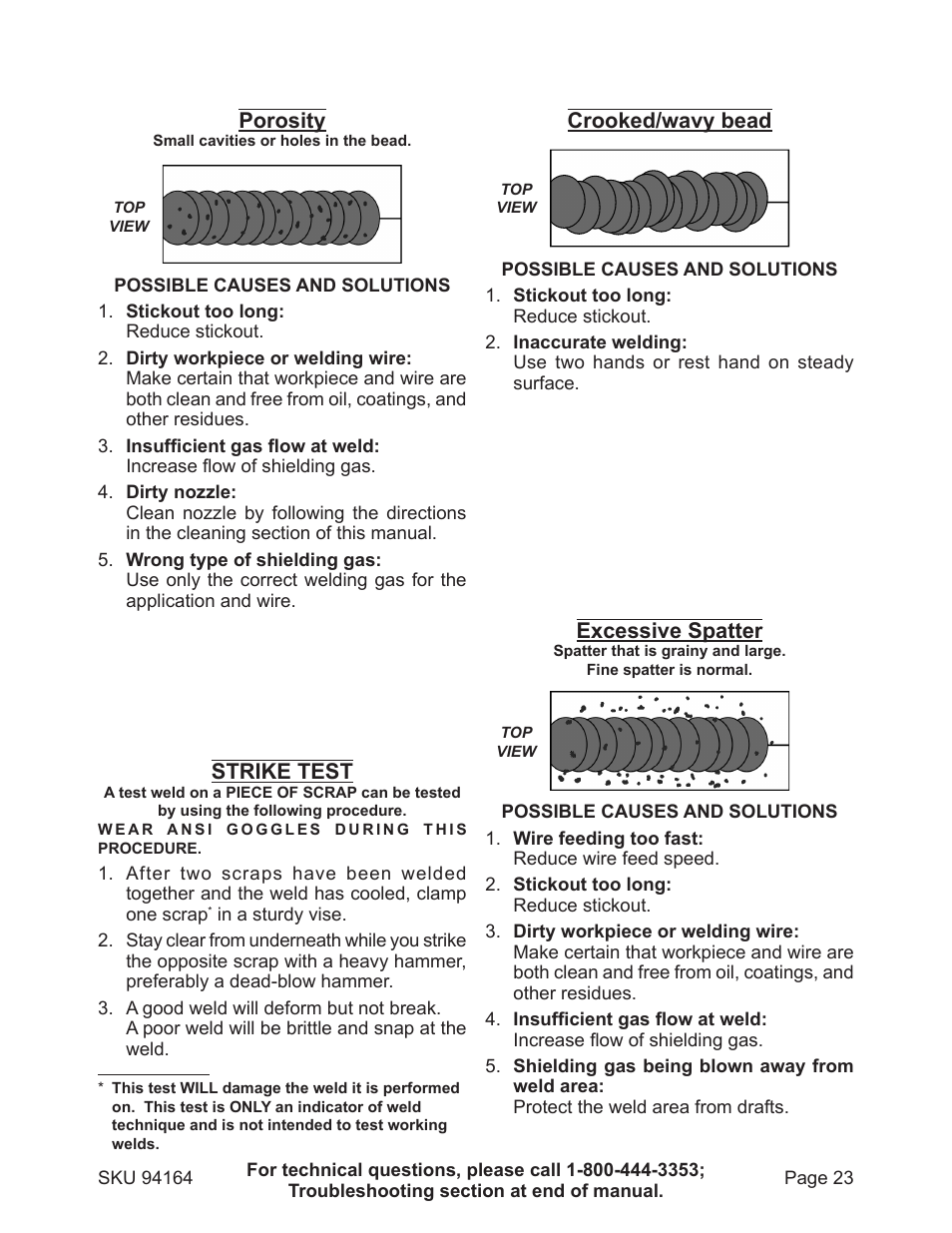 Crooked/wavy bead, Porosity, Excessive spatter | Strike test | Harbor Freight Tools 94164 User Manual | Page 23 / 33