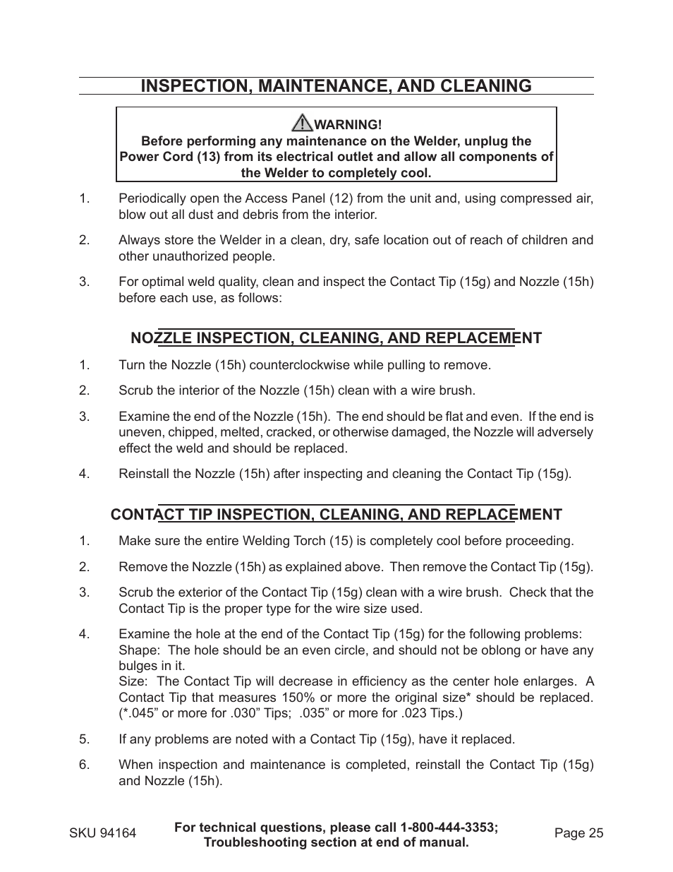 Inspection, maintenance, and cleaning | Harbor Freight Tools 94164 User Manual | Page 25 / 33