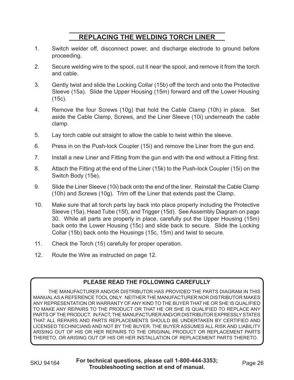 Replacing the welding torch liner | Harbor Freight Tools 94164 User Manual | Page 26 / 33