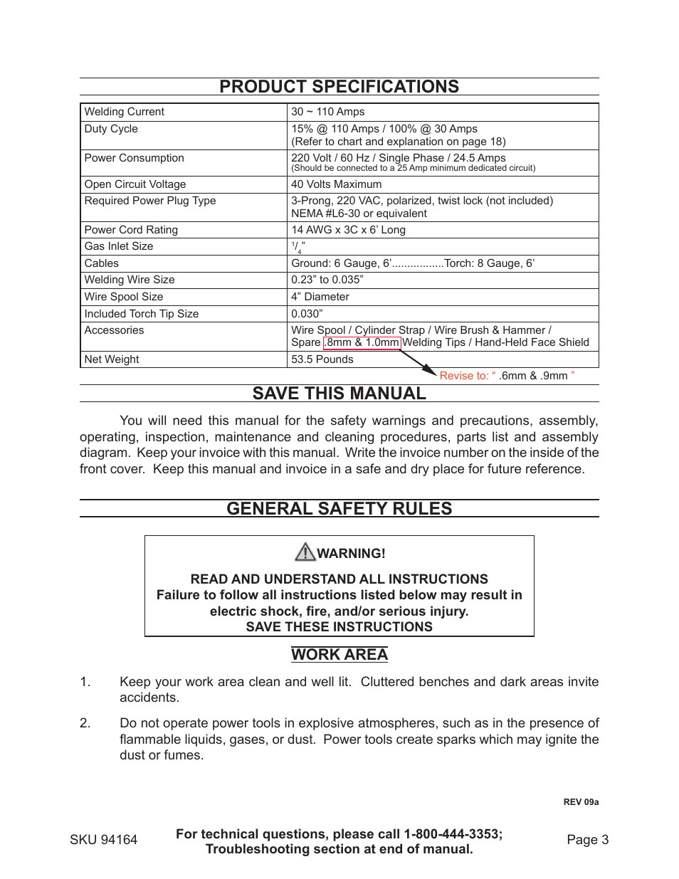 Product specifications, Save this manual, General safety rules | Work area | Harbor Freight Tools 94164 User Manual | Page 3 / 33