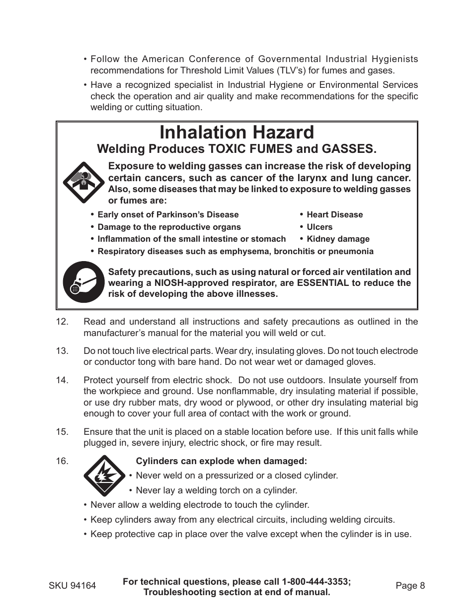 Inhalation hazard, Welding produces toxic fumes and gasses | Harbor Freight Tools 94164 User Manual | Page 8 / 33