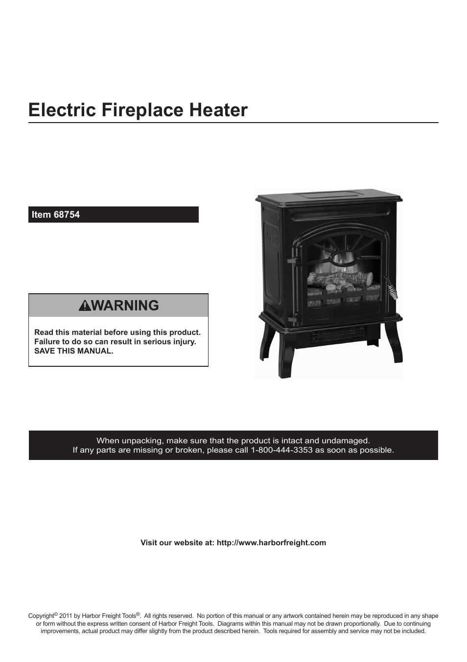 Harbor Freight Tools Electric Fireplace Heater 68754 User Manual | 8 pages