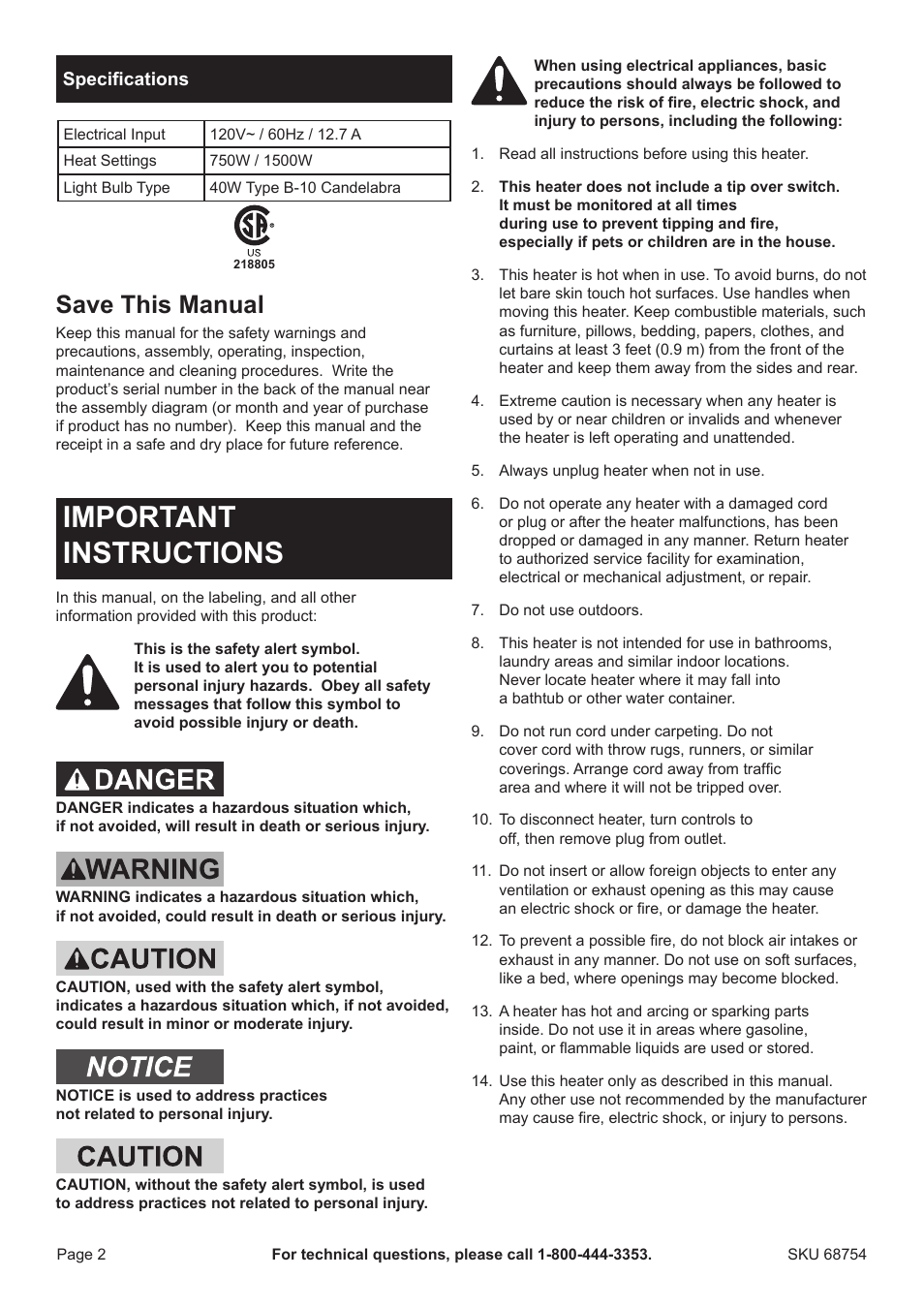 Important instructions, Save this manual | Harbor Freight Tools Electric Fireplace Heater 68754 User Manual | Page 2 / 8