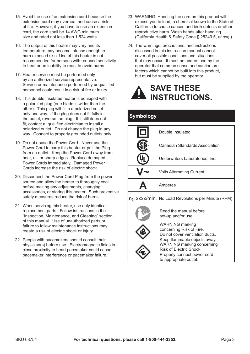 Save these instructions | Harbor Freight Tools Electric Fireplace Heater 68754 User Manual | Page 3 / 8