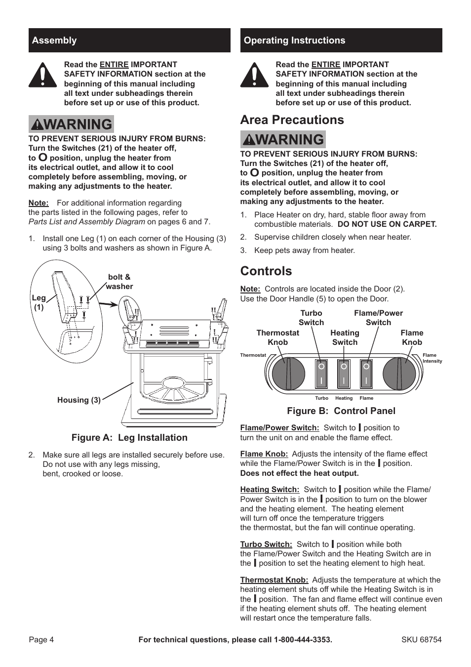 Area precautions, Controls | Harbor Freight Tools Electric Fireplace Heater 68754 User Manual | Page 4 / 8