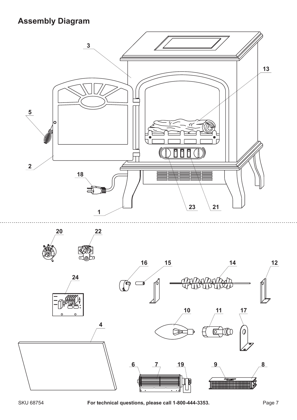 Assembly diagram | Harbor Freight Tools Electric Fireplace Heater 68754 User Manual | Page 7 / 8