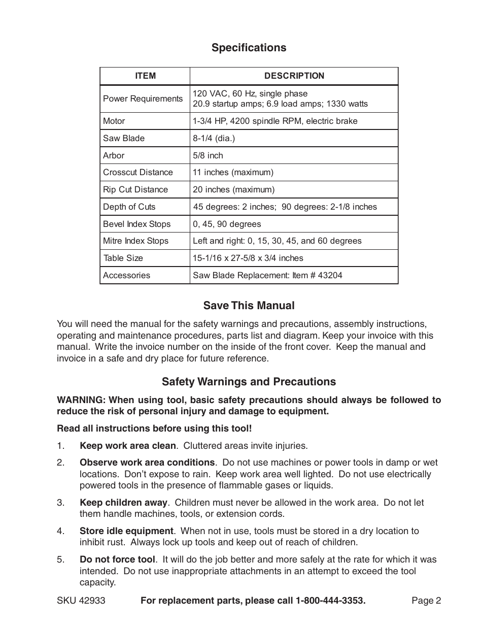 Specifications, Save this manual, Safety warnings and precautions | Harbor Freight Tools 42933 User Manual | Page 2 / 19