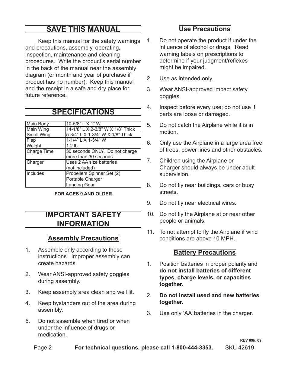 Save this manual, Specifications, Important safety information | Harbor Freight Tools Lightning Airplane with Charger 42619 User Manual | Page 2 / 4