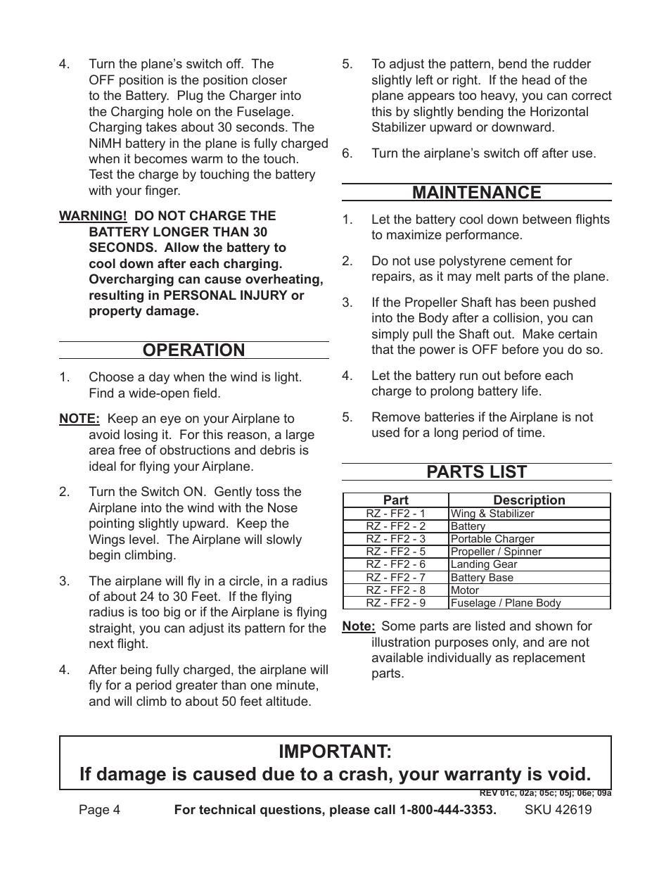 Operation, Maintenance, Parts list | Harbor Freight Tools Lightning Airplane with Charger 42619 User Manual | Page 4 / 4