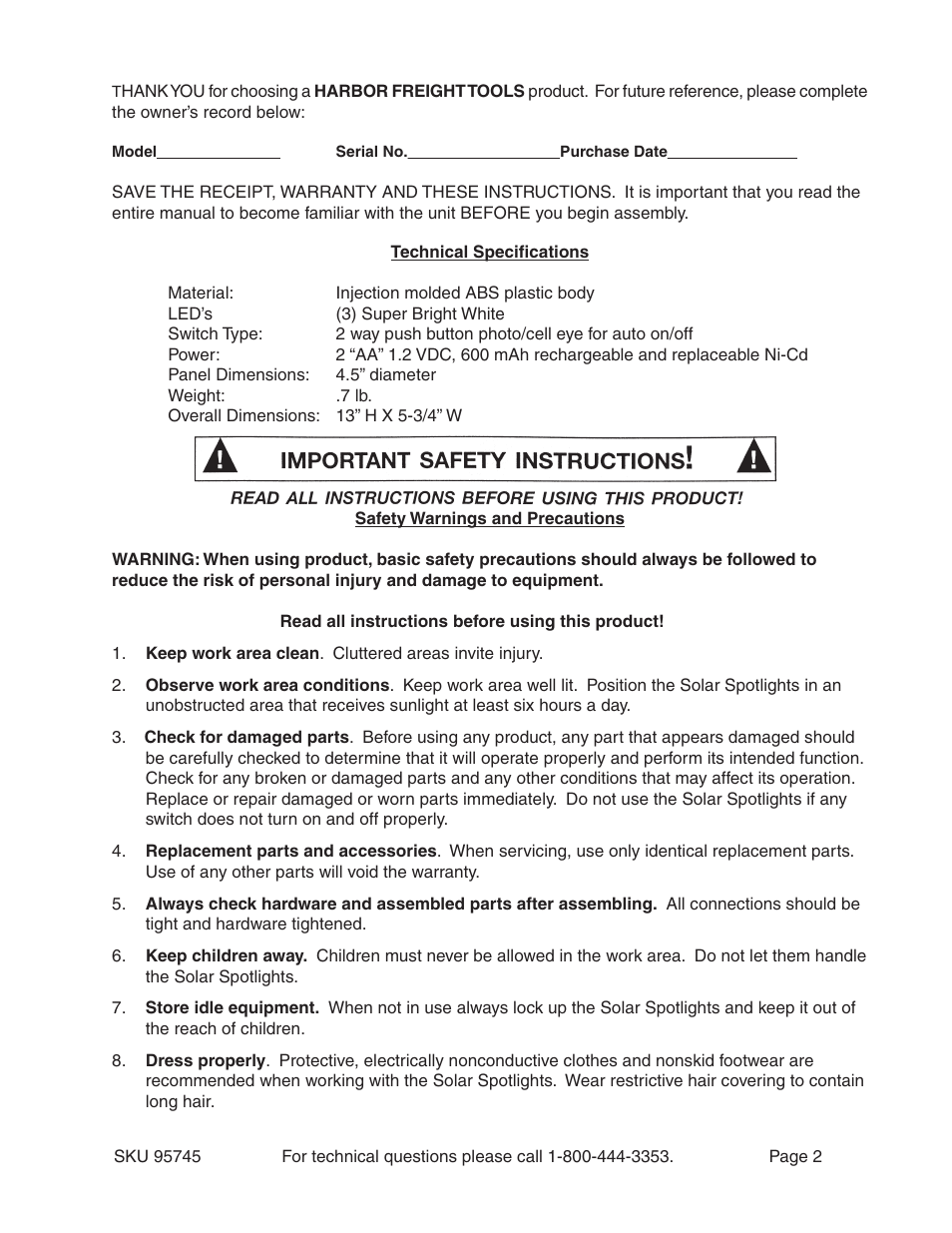 Harbor Freight Tools 95745 User Manual | Page 2 / 5