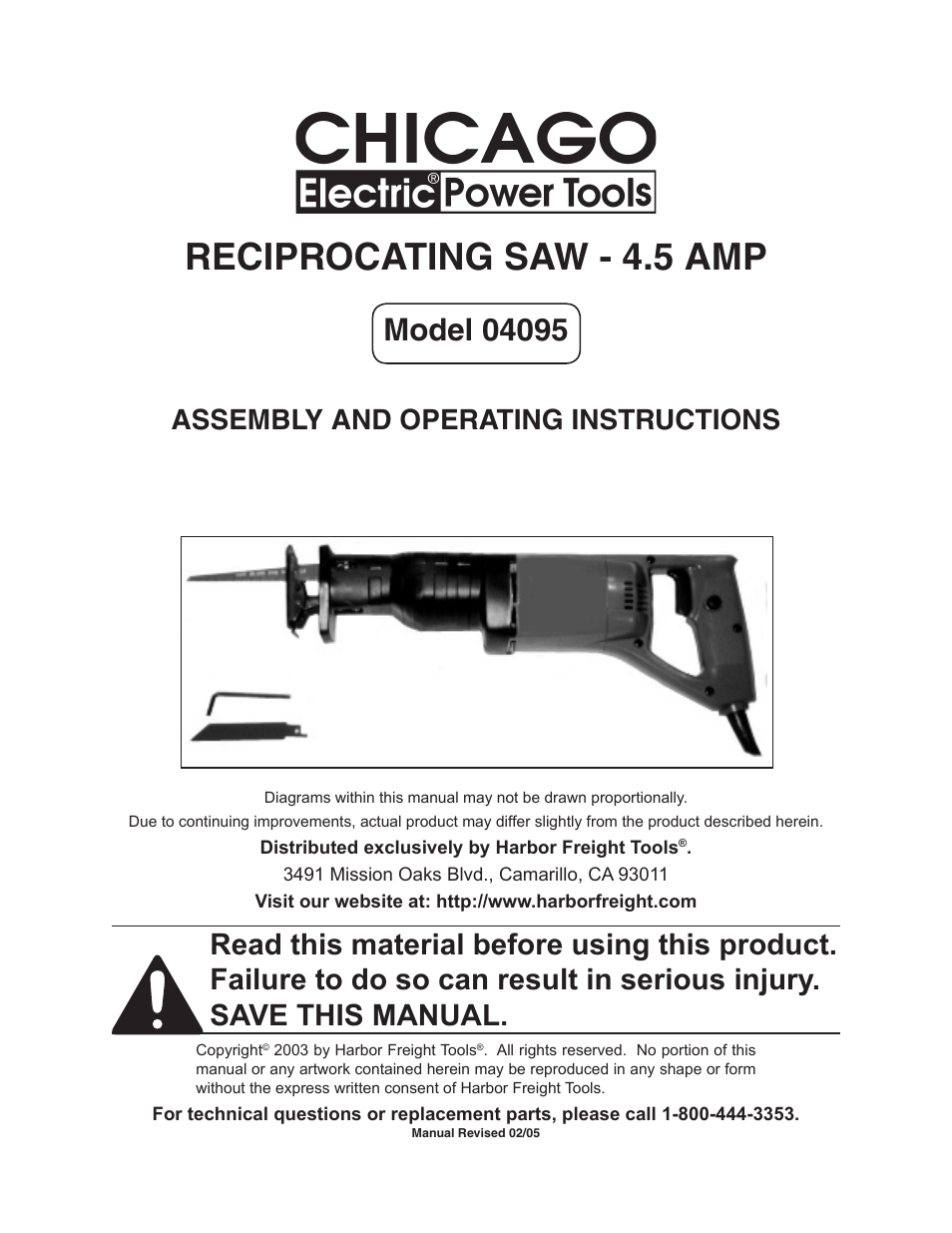 Harbor Freight Tools Chicago Electric Power Tools / Reciprocating Saw - 4.5 AMP 4095 User Manual | 15 pages