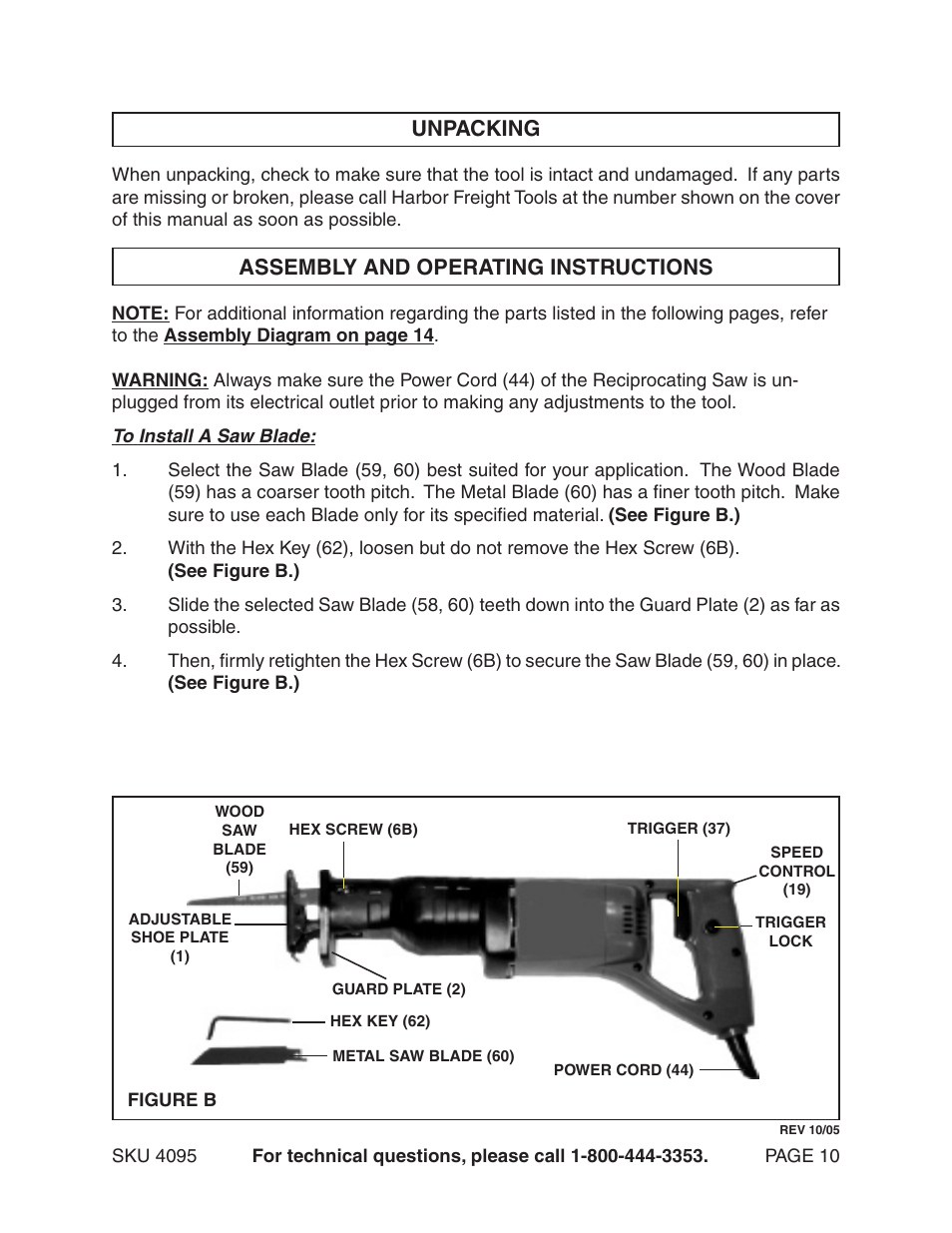 Unpacking, Assembly and operating instructions | Harbor Freight Tools Chicago Electric Power Tools / Reciprocating Saw - 4.5 AMP 4095 User Manual | Page 10 / 15