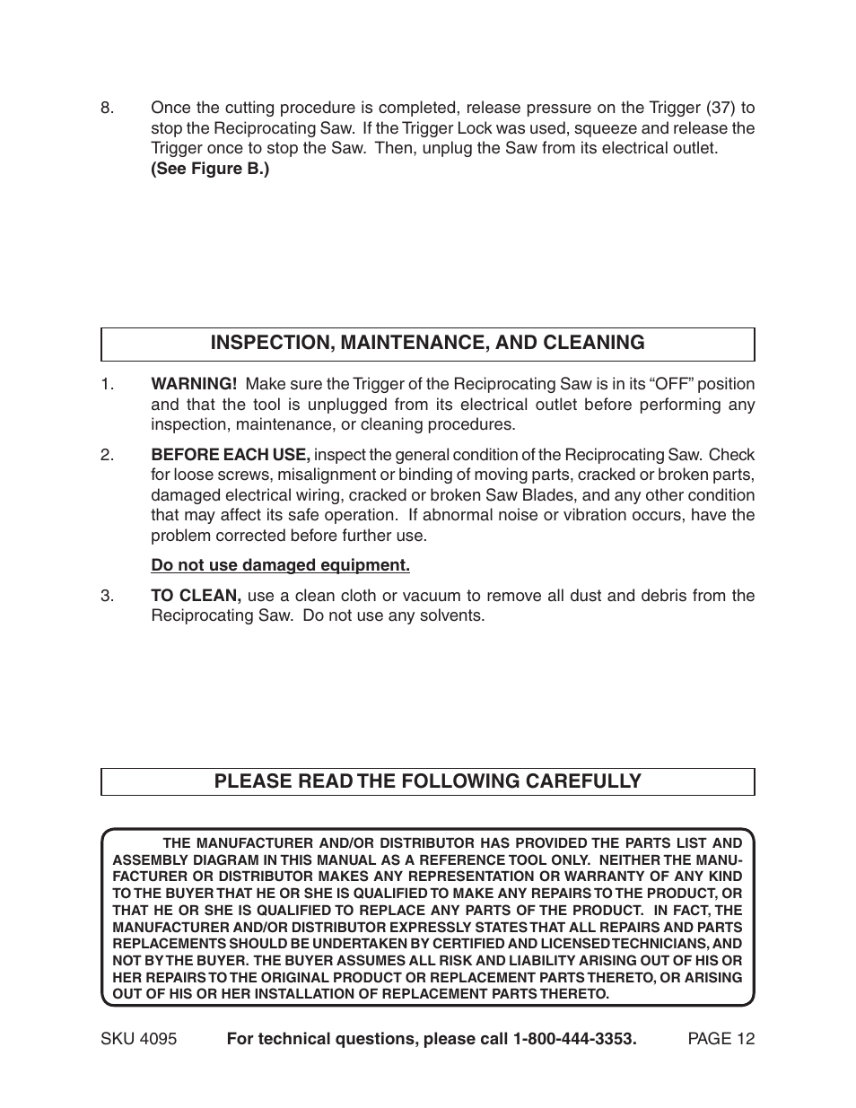 Harbor Freight Tools Chicago Electric Power Tools / Reciprocating Saw - 4.5 AMP 4095 User Manual | Page 12 / 15