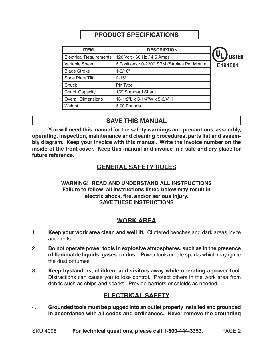 Product specifications, Save this manual, General safety rules | Work area, Electrical safety | Harbor Freight Tools Chicago Electric Power Tools / Reciprocating Saw - 4.5 AMP 4095 User Manual | Page 2 / 15