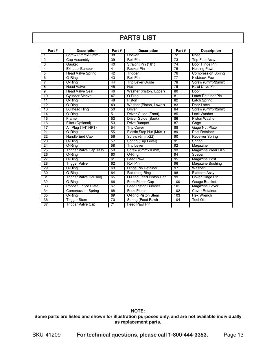 Parts list | Harbor Freight Tools 41209 User Manual | Page 13 / 14