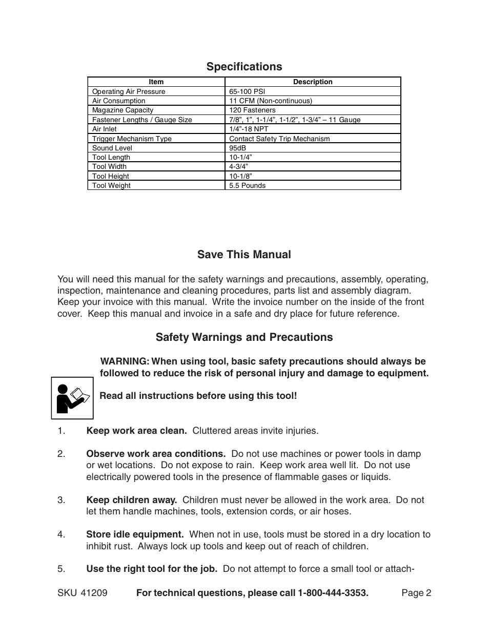 Specifications save this manual, Safety warnings and precautions | Harbor Freight Tools 41209 User Manual | Page 2 / 14
