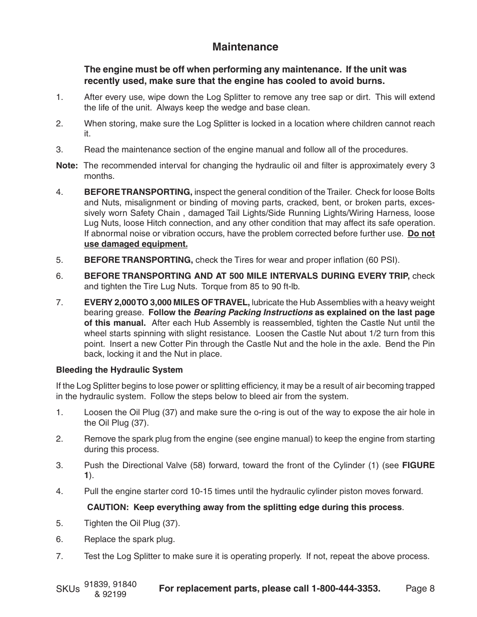 Maintenance | Harbor Freight Tools 91840 User Manual | Page 8 / 12