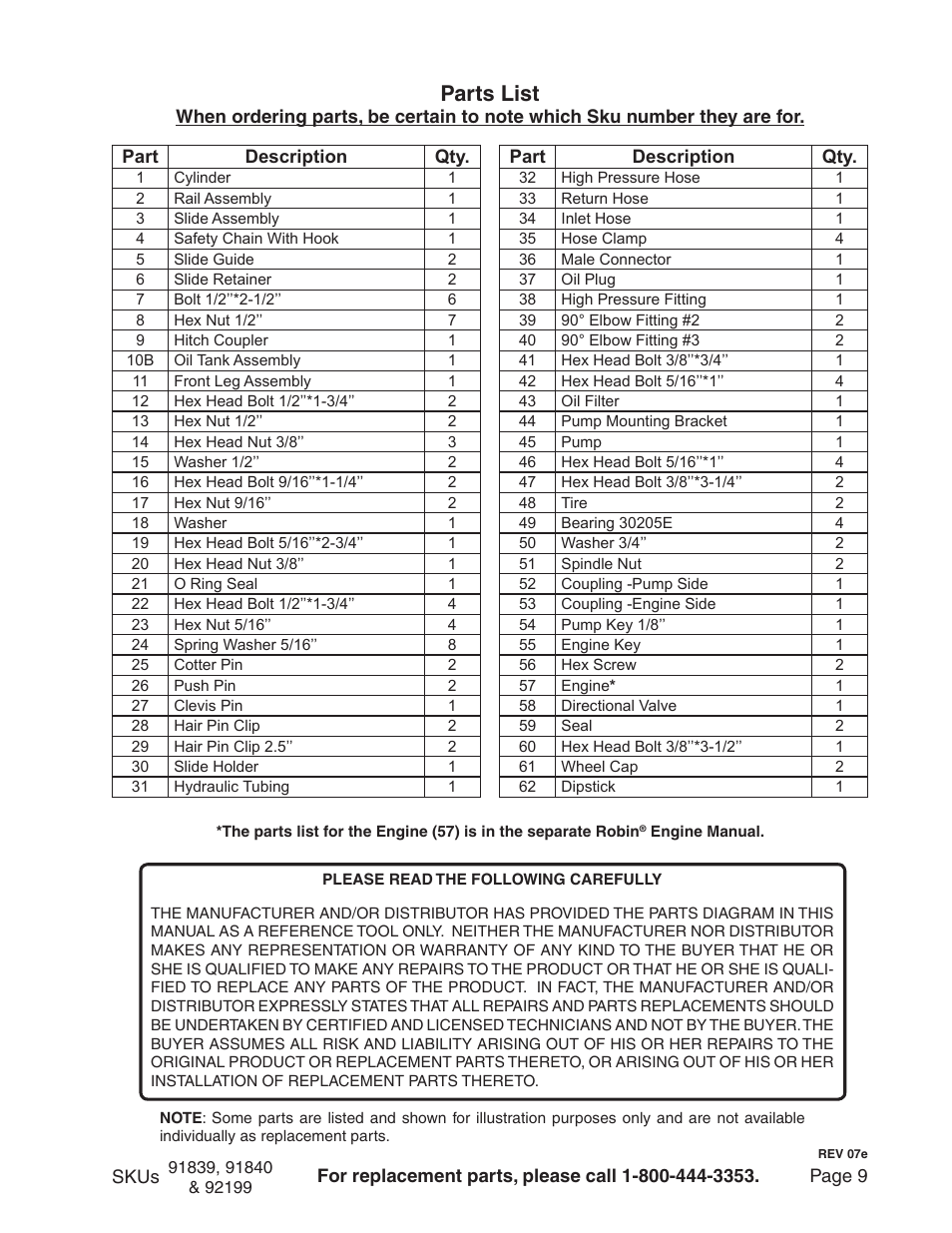 Parts list | Harbor Freight Tools 91840 User Manual | Page 9 / 12