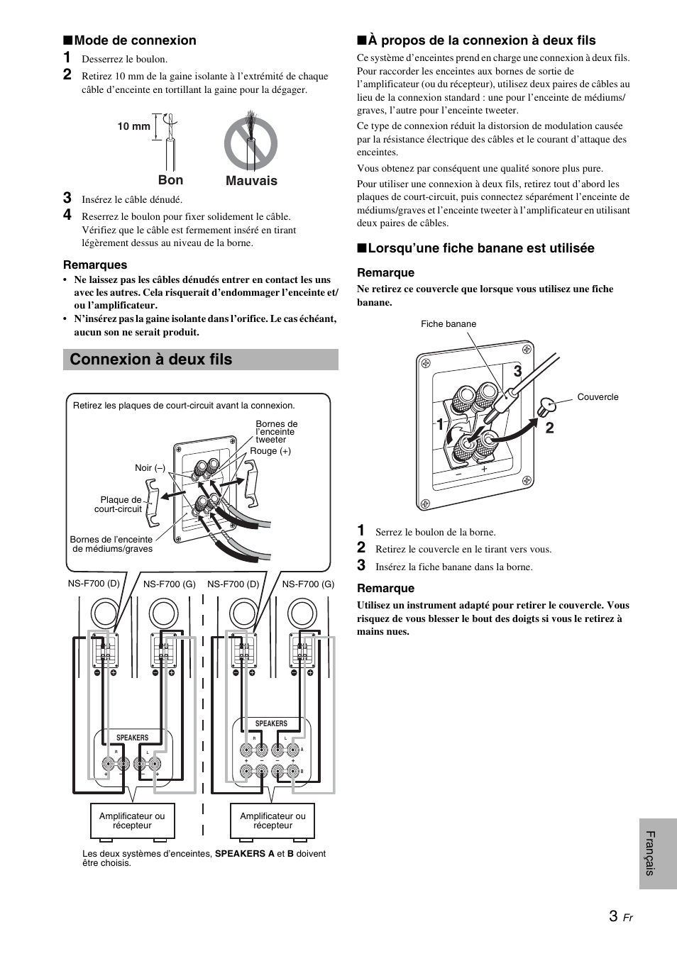 Connexion à deux fils, Mode de connexion, À propos de la connexion à deux fils | Lorsqu’une fiche banane est utilisée, Bon mauvais | Yamaha NS-F700 User Manual | Page 11 / 36