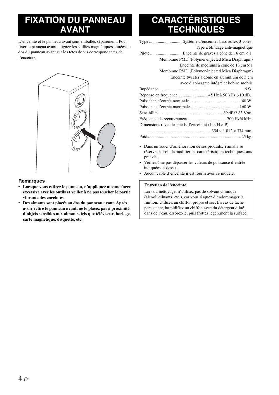 Fixation du panneau avant, Caractéristiques techniques | Yamaha NS-F700 User Manual | Page 12 / 36