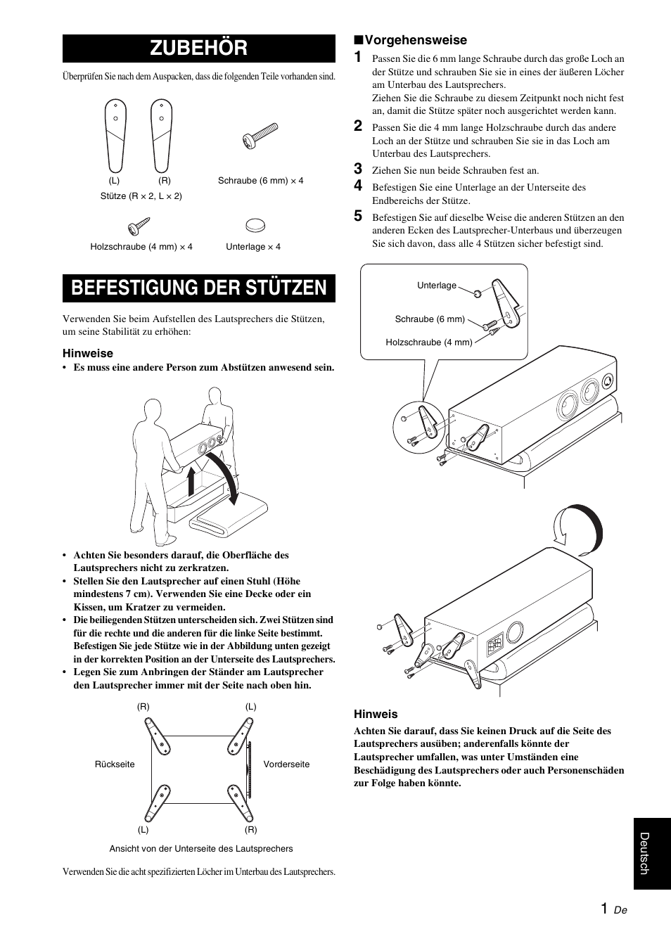 Zubehör, Befestigung der stützen, Zubehör befestigung der stützen | Yamaha NS-F700 User Manual | Page 15 / 36