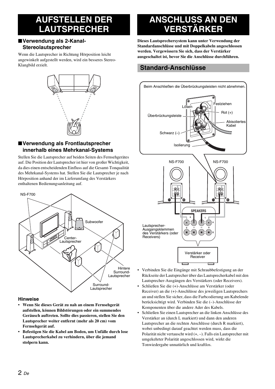 Aufstellen der lautsprecher, Anschluss an den verstärker, Standard-anschlüsse | Verwendung als 2-kanal- stereolautsprecher | Yamaha NS-F700 User Manual | Page 16 / 36