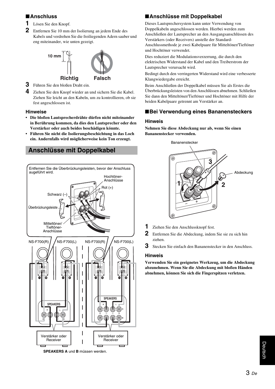 Anschluss, Anschlüsse mit doppelkabel, Bei verwendung eines bananensteckers | Richtig falsch | Yamaha NS-F700 User Manual | Page 17 / 36