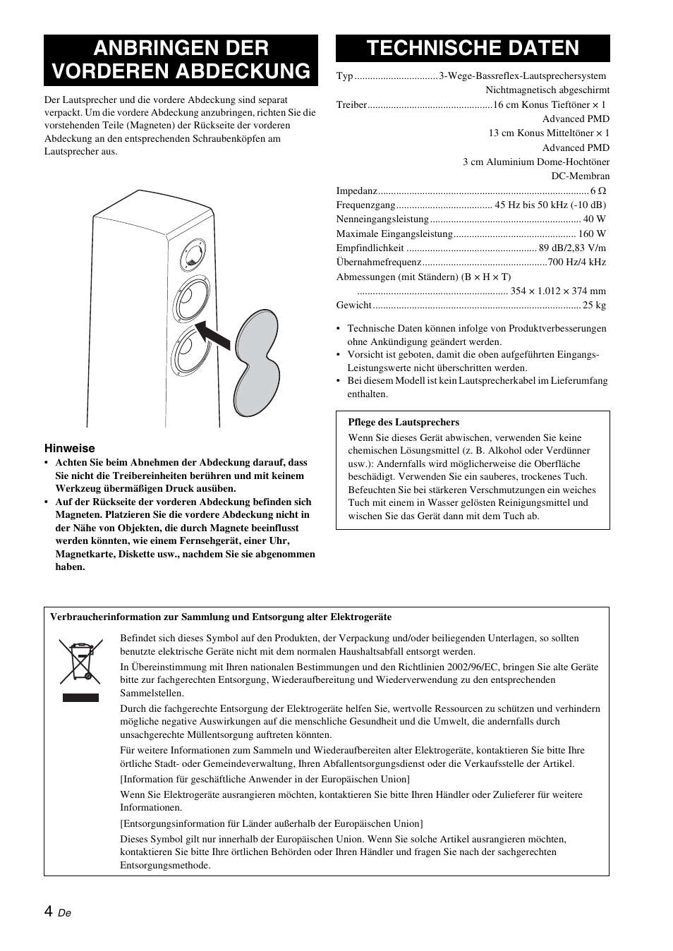Anbringen der vorderen abdeckung, Technische daten, Anbringen der vorderen abdeckung technische daten | Yamaha NS-F700 User Manual | Page 18 / 36