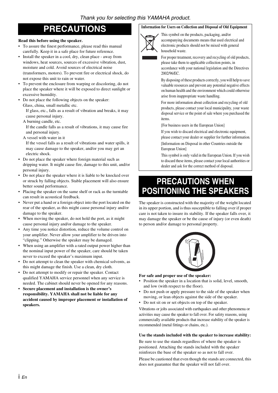English, Precautions, Precautions when positioning the speakers | Yamaha NS-F700 User Manual | Page 2 / 36