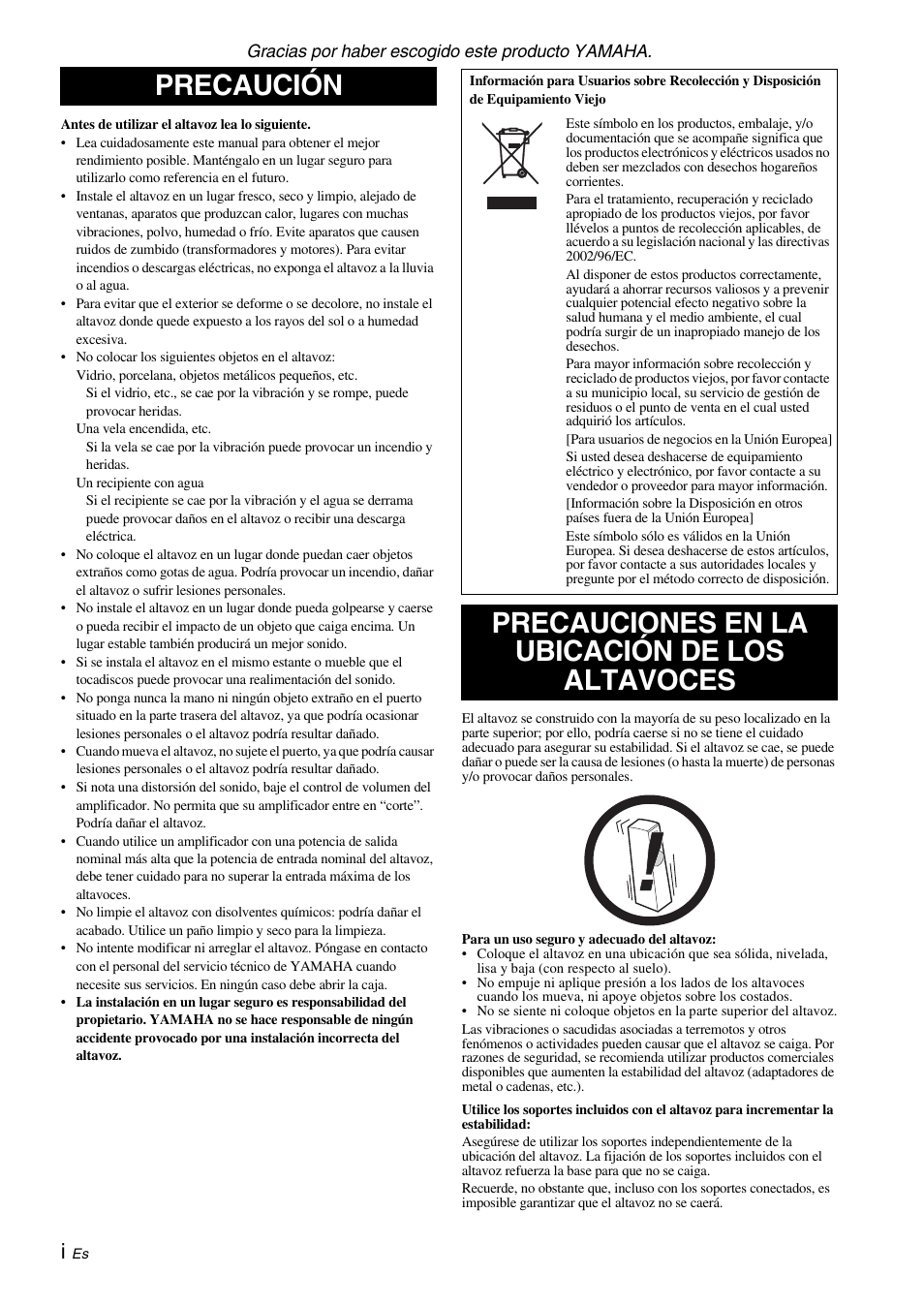 Español, Precaución, Precauciones en la ubicación de los altavoces | Yamaha NS-F700 User Manual | Page 20 / 36