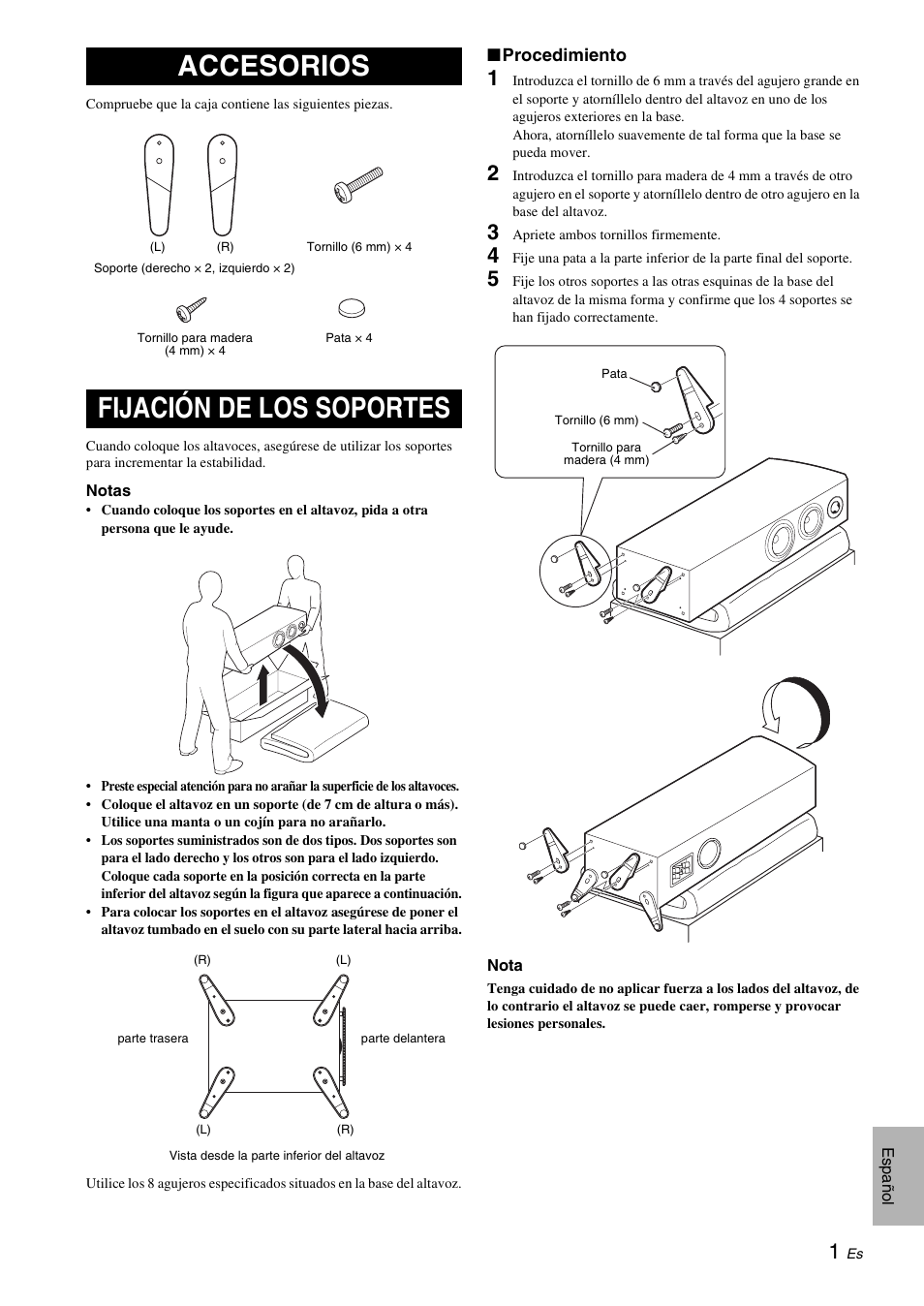 Accesorios, Fijación de los soportes, Accesorios fijación de los soportes | Yamaha NS-F700 User Manual | Page 21 / 36