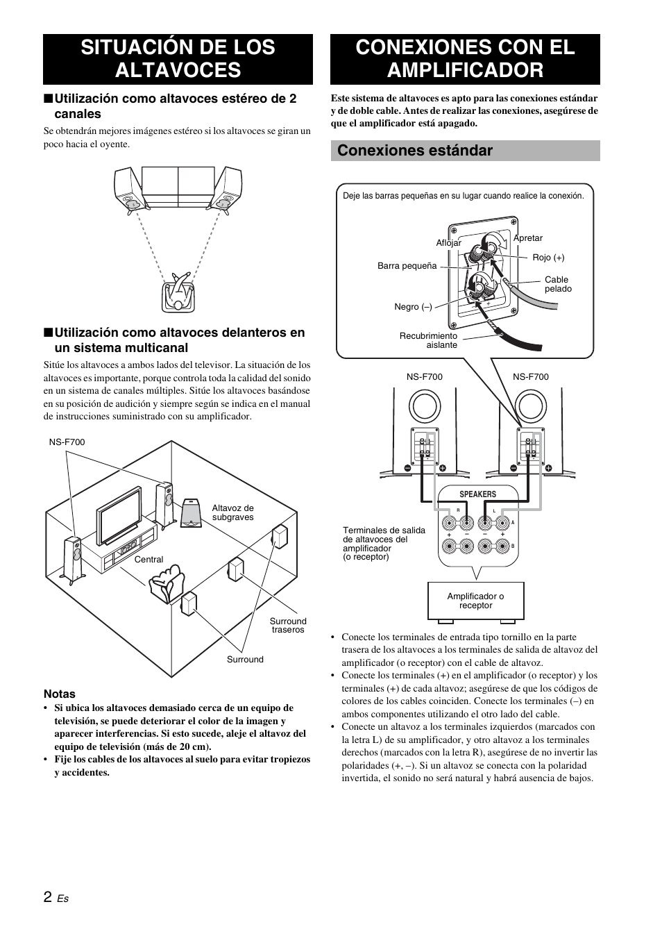 Situación de los altavoces, Conexiones con el amplificador, Conexiones estándar | Utilización como altavoces estéreo de 2 canales | Yamaha NS-F700 User Manual | Page 22 / 36