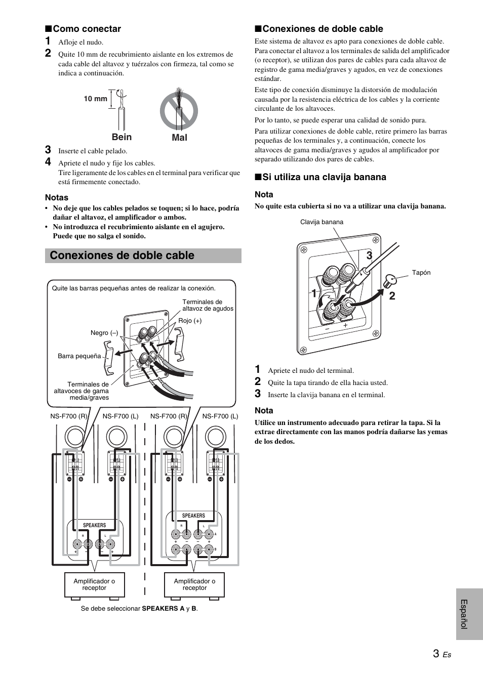 Como conectar, Conexiones de doble cable, Si utiliza una clavija banana | Bein mal | Yamaha NS-F700 User Manual | Page 23 / 36