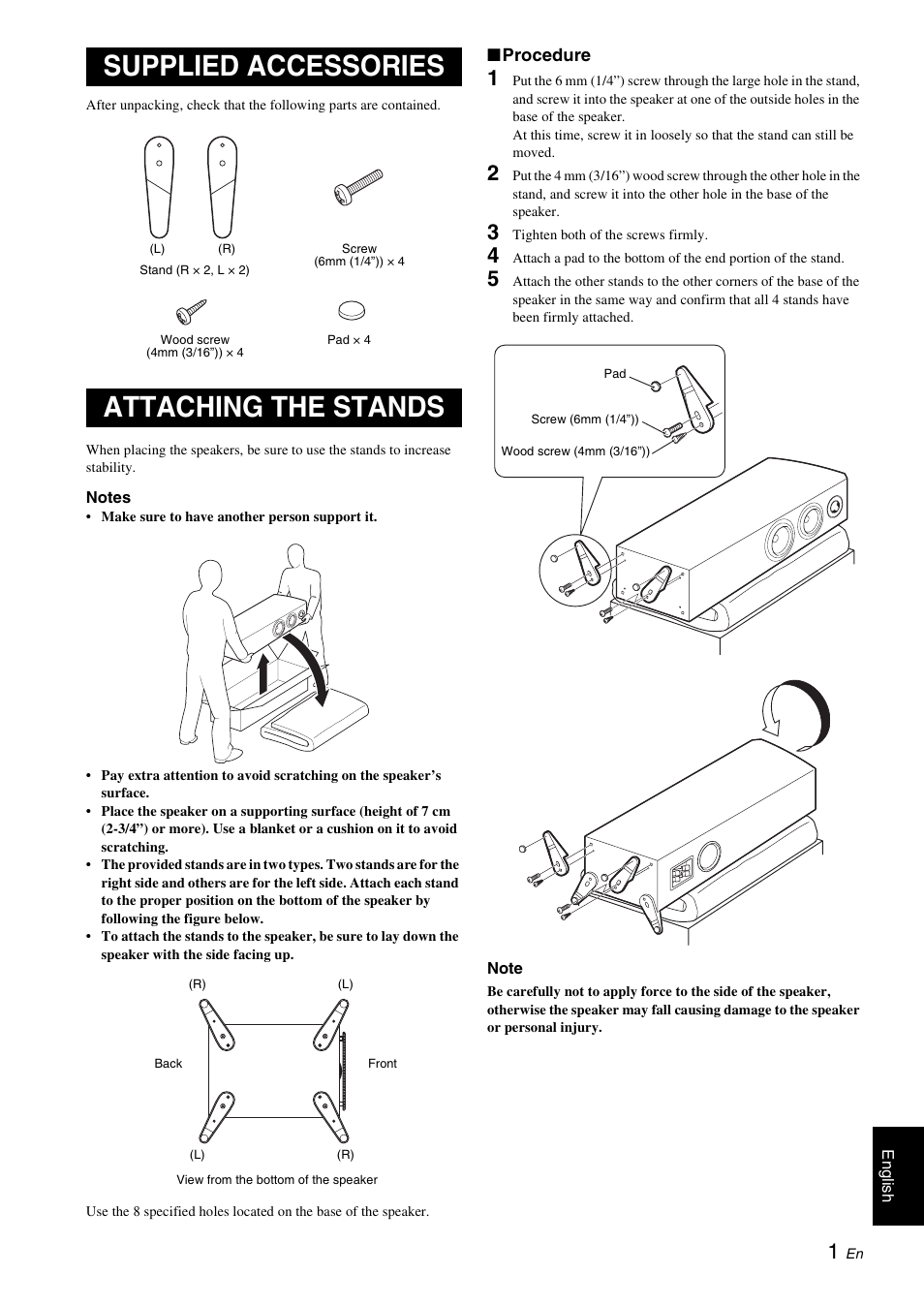 Supplied accessories, Attaching the stands, Supplied accessories attaching the stands | Yamaha NS-F700 User Manual | Page 3 / 36