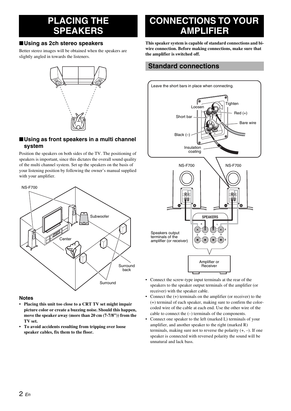 Placing the speakers, Connections to your amplifier, Standard connections | Using as 2ch stereo speakers, Using as front speakers in a multi channel system | Yamaha NS-F700 User Manual | Page 4 / 36