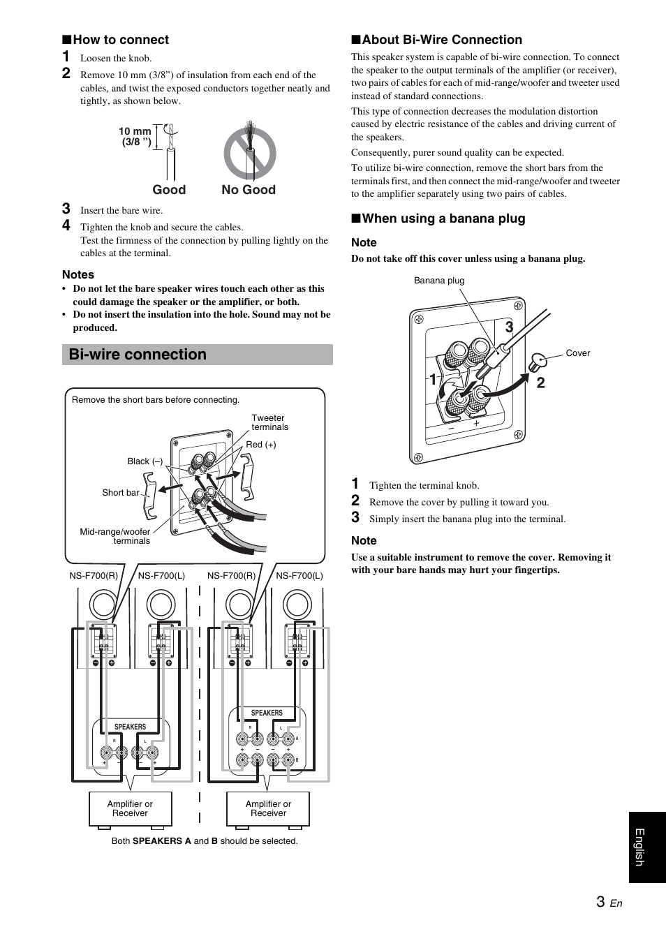 Bi-wire connection, How to connect, About bi-wire connection | When using a banana plug, Good no good | Yamaha NS-F700 User Manual | Page 5 / 36