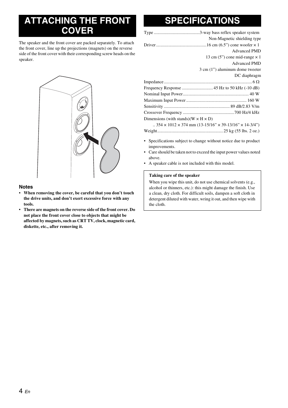 Attaching the front cover, Specifications, Attaching the front cover specifications | Yamaha NS-F700 User Manual | Page 6 / 36