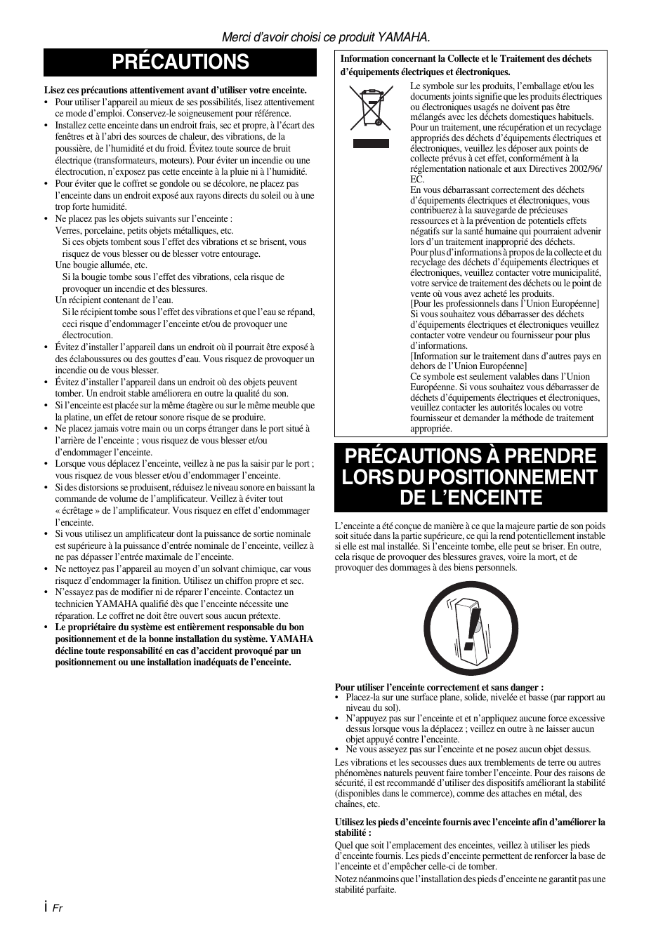 Français, Précautions | Yamaha NS-F700 User Manual | Page 8 / 36