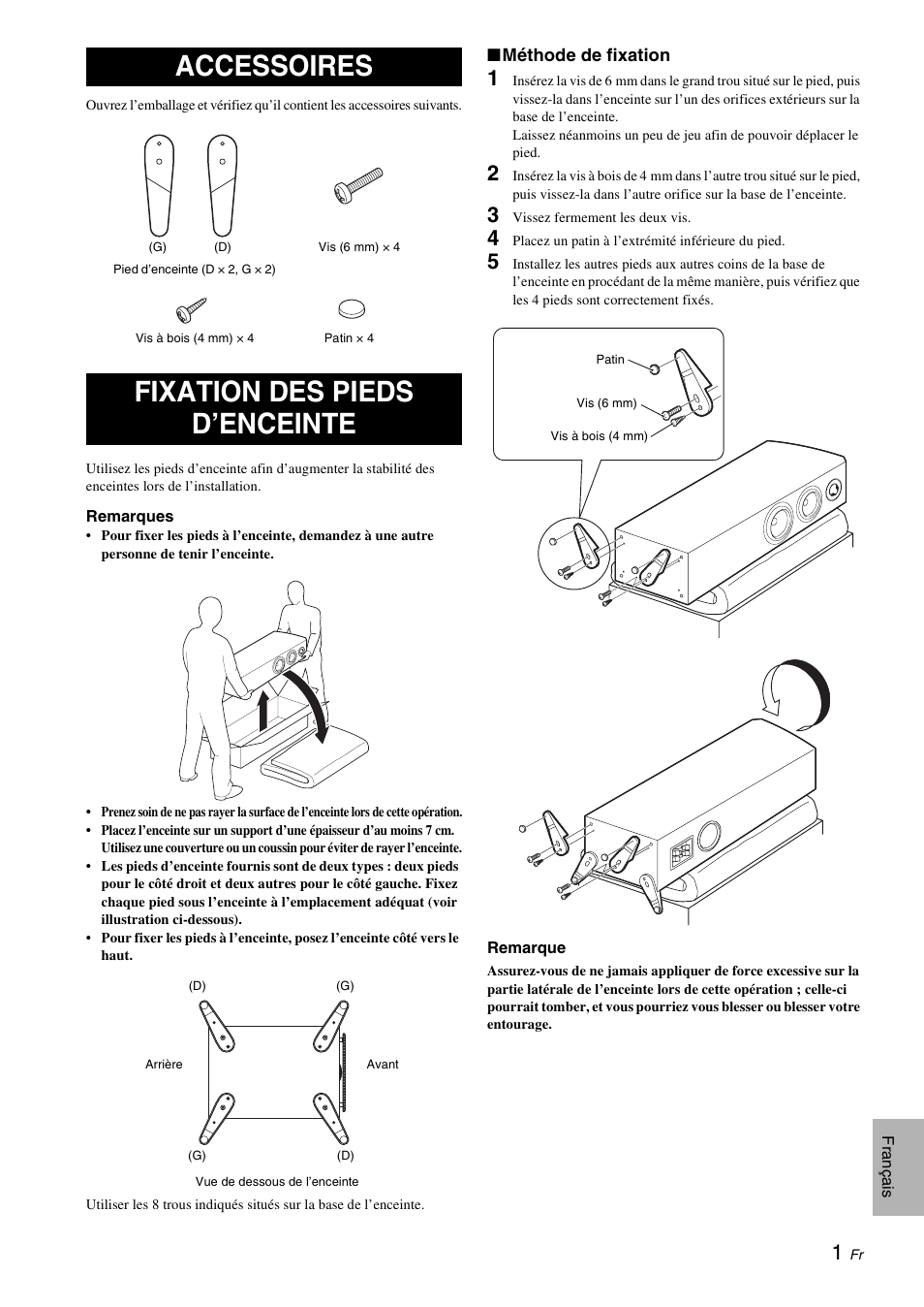 Accessoires, Fixation des pieds d’enceinte, Accessoires fixation des pieds d’enceinte | Yamaha NS-F700 User Manual | Page 9 / 36