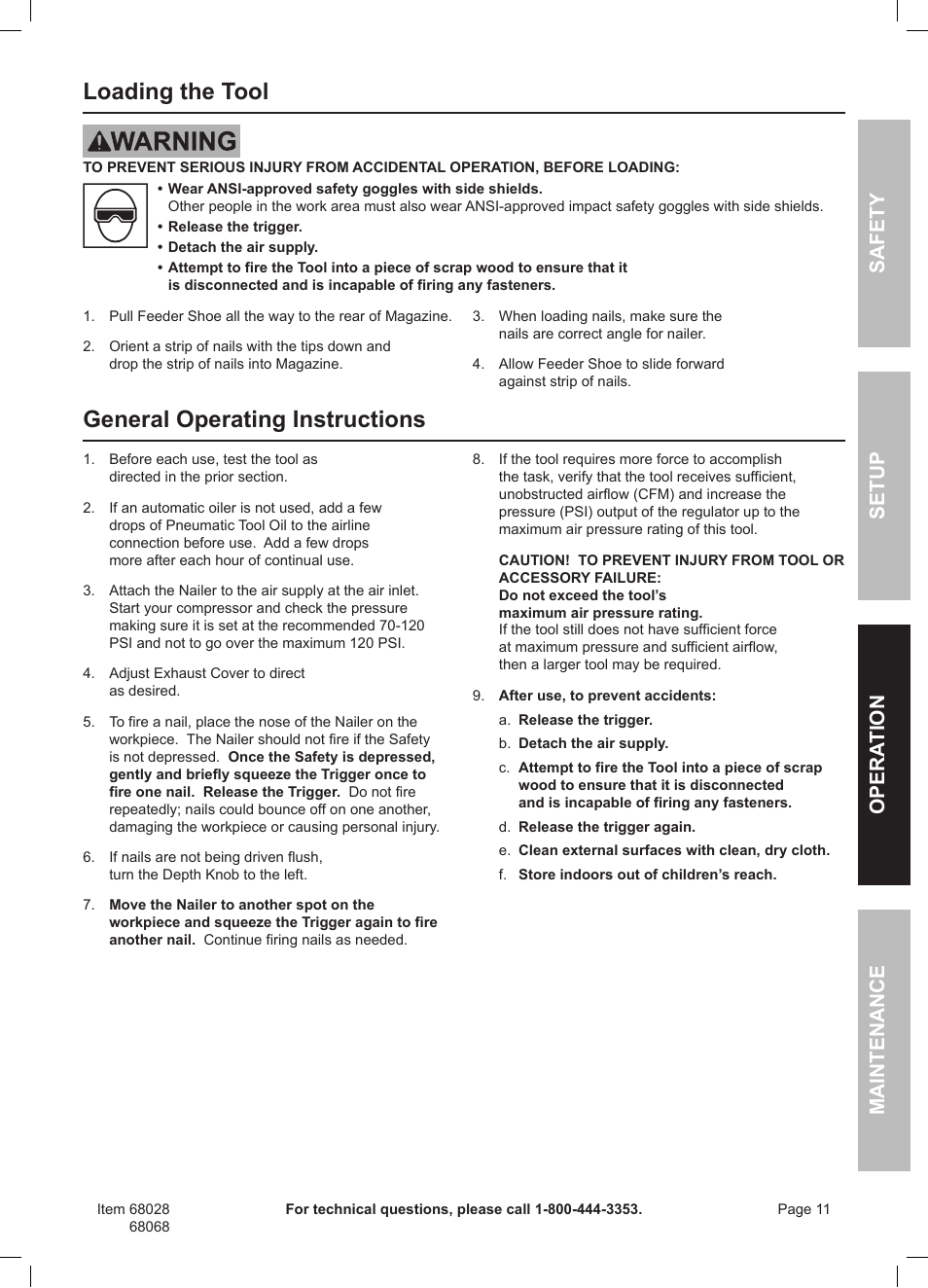 Loading the tool, General operating instructions, Safety opera tion maintenance setup | Harbor Freight Tools Framing Nailer 68068 User Manual | Page 11 / 16