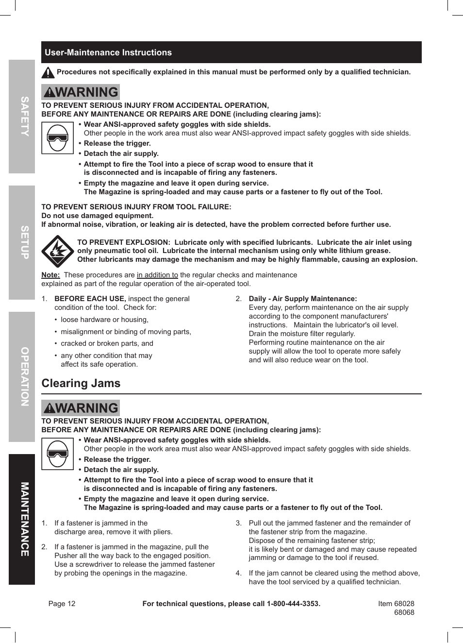 Clearing jams, Safety opera tion maintenance setup | Harbor Freight Tools Framing Nailer 68068 User Manual | Page 12 / 16