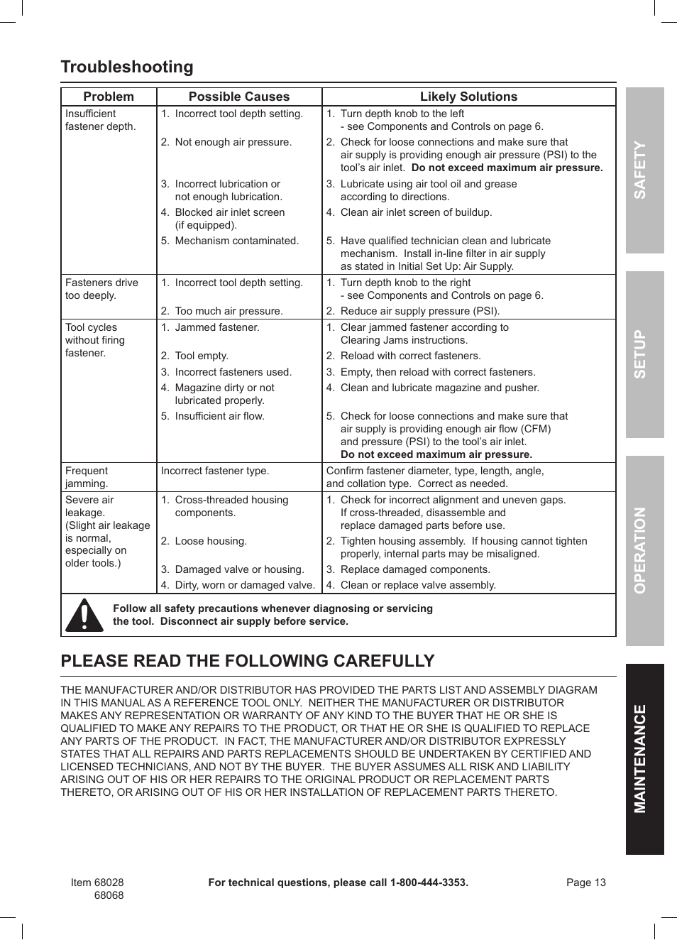 Troubleshooting, Please read the following carefully, Safety opera tion maintenance setup | Harbor Freight Tools Framing Nailer 68068 User Manual | Page 13 / 16