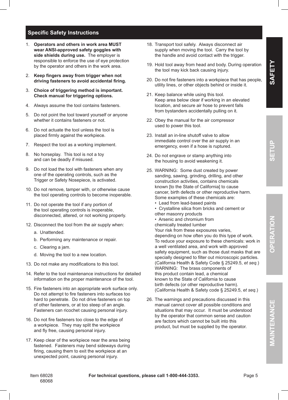 Safety opera tion maintenance setup | Harbor Freight Tools Framing Nailer 68068 User Manual | Page 5 / 16