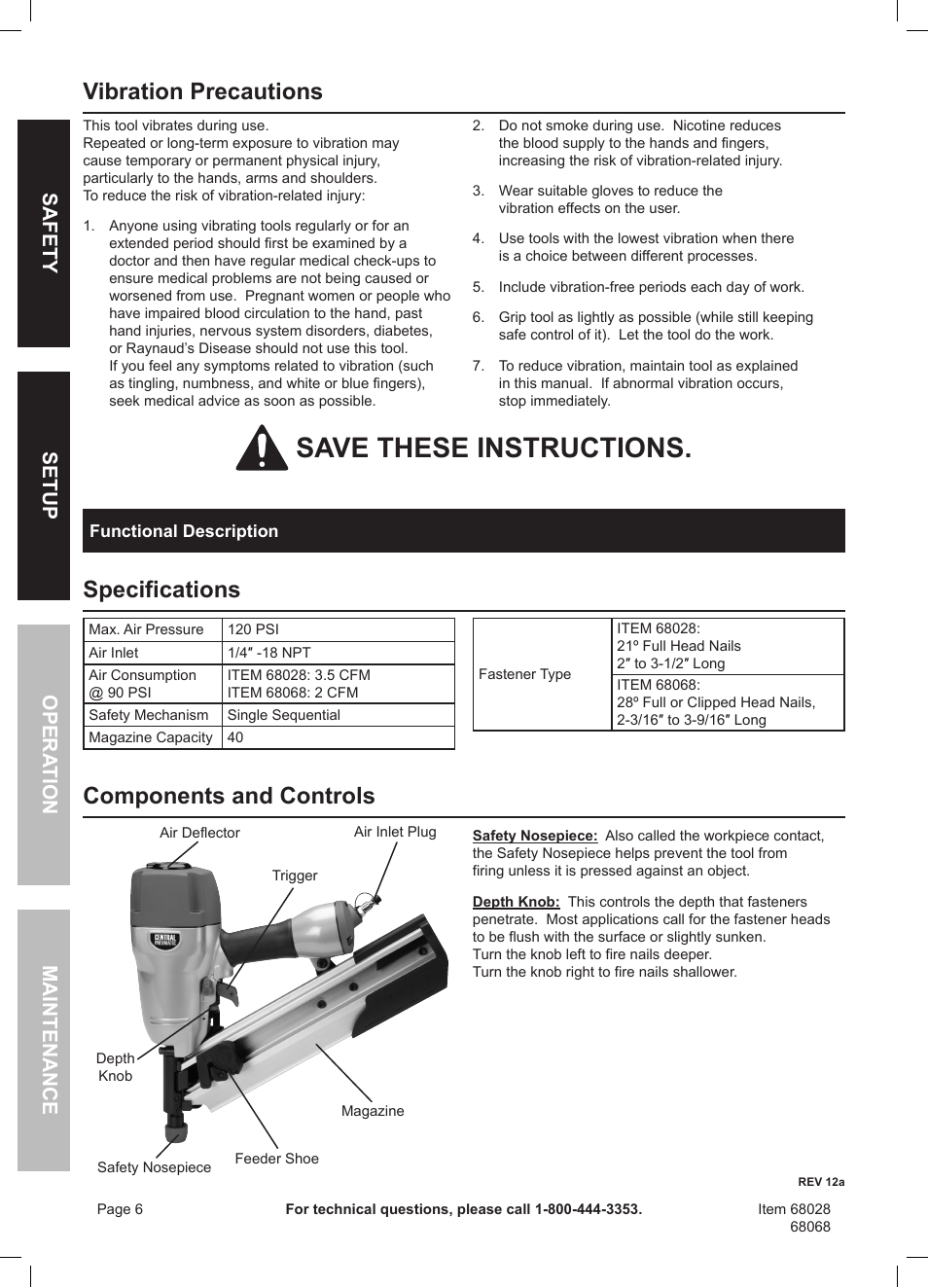 Save these instructions, Vibration precautions, Specifications | Components and controls, Safety opera tion maintenance setup | Harbor Freight Tools Framing Nailer 68068 User Manual | Page 6 / 16