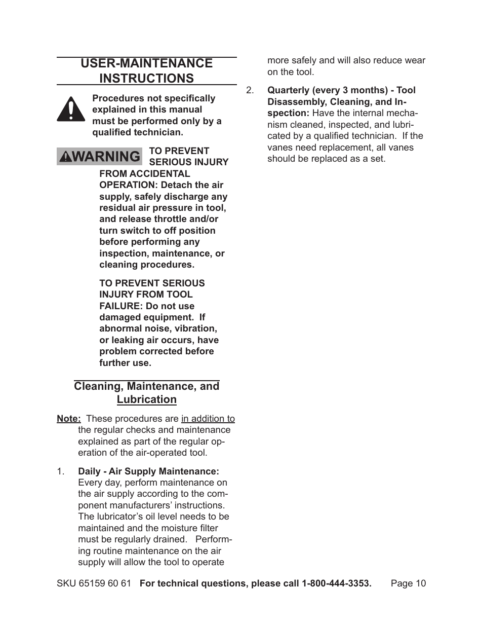 User-maintenance instructions | Harbor Freight Tools 65161 User Manual | Page 10 / 18